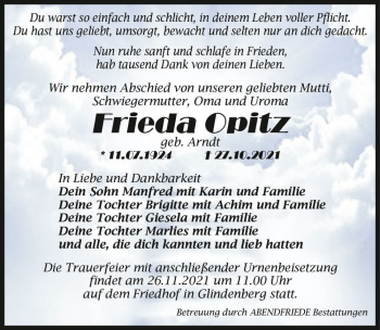 Traueranzeige von Frieda Opitz (geb. arndt)  von Magdeburger Volksstimme