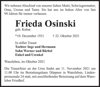 Traueranzeige von Frieda Osinksi (geb. Kubat)  von Magdeburger Volksstimme