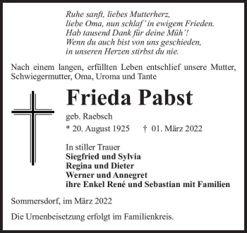 Traueranzeige von Frieda Pabst (geb. Raebsch)  von Magdeburger Volksstimme
