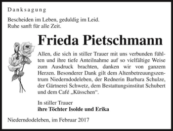 Traueranzeige von Frieda Pietschmann  von Magdeburger Volksstimme