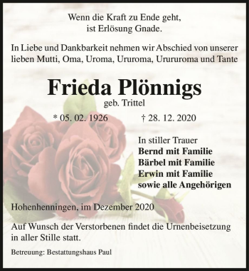 Traueranzeige von Frieda Plönnigs (geb. Trittel)  von Magdeburger Volksstimme