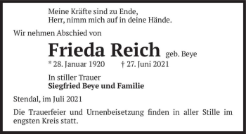 Traueranzeige von Frieda Reich (geb. Beye)  von Magdeburger Volksstimme
