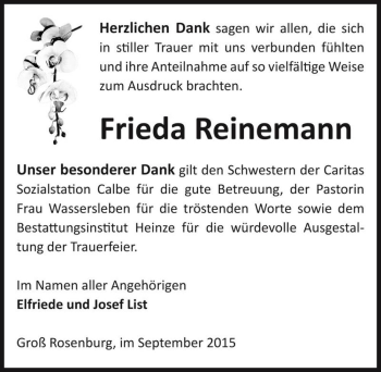Traueranzeige von Frieda Reinemann  von Magdeburger Volksstimme