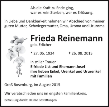 Traueranzeige von Frieda Reinemann (geb. Ehrlicher)  von Magdeburger Volksstimme