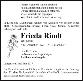 Traueranzeige von Frieda Rindt (geb. Koroll)  von Magdeburger Volksstimme