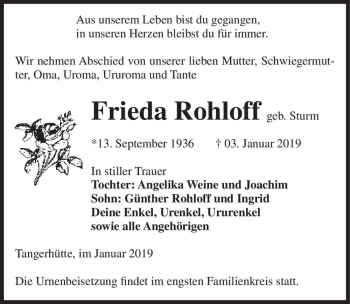Traueranzeige von Frieda Rohloff (geb. Sturm)  von Magdeburger Volksstimme