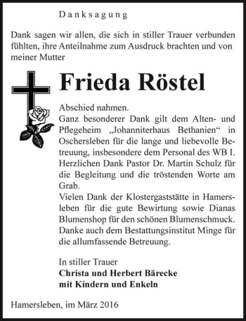 Traueranzeige von Frieda Röstel  von Magdeburger Volksstimme