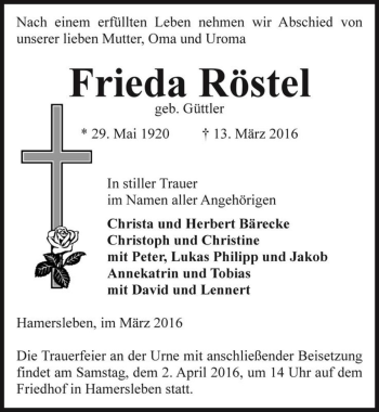 Traueranzeige von Frieda Röstel (geb. Güttler)  von Magdeburger Volksstimme