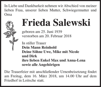Traueranzeige von Frieda Salewski  von Magdeburger Volksstimme