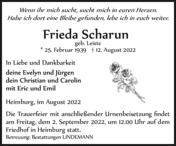 Traueranzeige von Frieda Scharun (geb. Leiste)  von Magdeburger Volksstimme