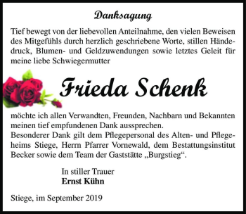Traueranzeige von Frieda Schenk  von Magdeburger Volksstimme