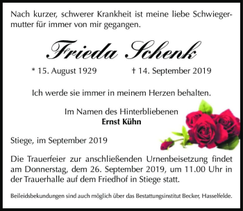 Traueranzeige von Frieda Schenk  von Magdeburger Volksstimme