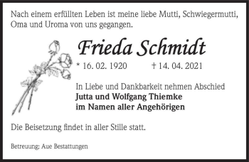 Traueranzeige von Frieda Schmidt  von Magdeburger Volksstimme