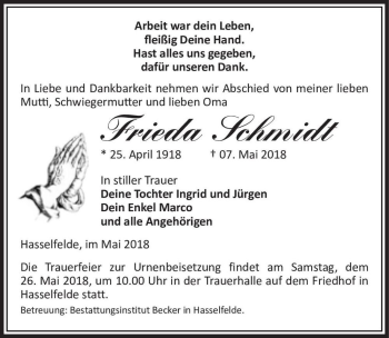 Traueranzeige von Frieda Schmidt  von Magdeburger Volksstimme