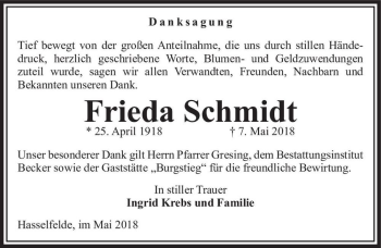 Traueranzeige von Frieda Schmidt  von Magdeburger Volksstimme