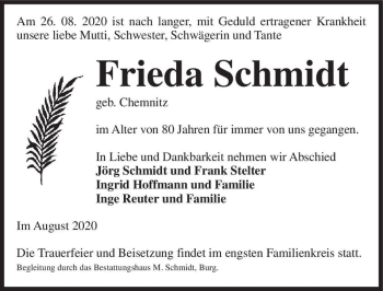 Traueranzeige von Frieda Schmidt (geb. Chemnitz)  von Magdeburger Volksstimme