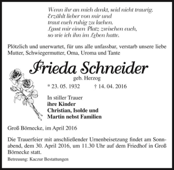 Traueranzeige von Frieda Schneider (geb. Herzog)  von Magdeburger Volksstimme