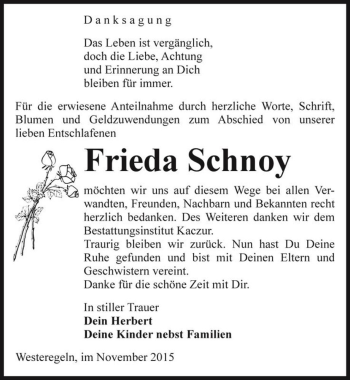 Traueranzeige von Frieda Schnoy  von Magdeburger Volksstimme
