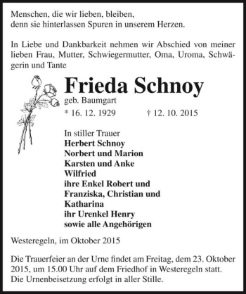 Traueranzeige von Frieda Schnoy (geb. Baumgart)  von Magdeburger Volksstimme