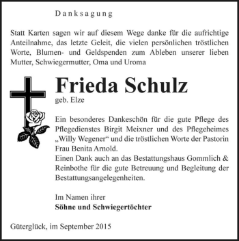 Traueranzeige von Frieda Schulz (geb. Elze)  von Magdeburger Volksstimme