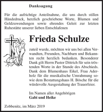 Traueranzeige von Frieda Schulze  von Magdeburger Volksstimme