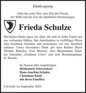 Traueranzeige von Frieda Schulze  von Magdeburger Volksstimme