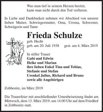 Traueranzeige von Frieda Schulze (geb. Hecht)  von Magdeburger Volksstimme