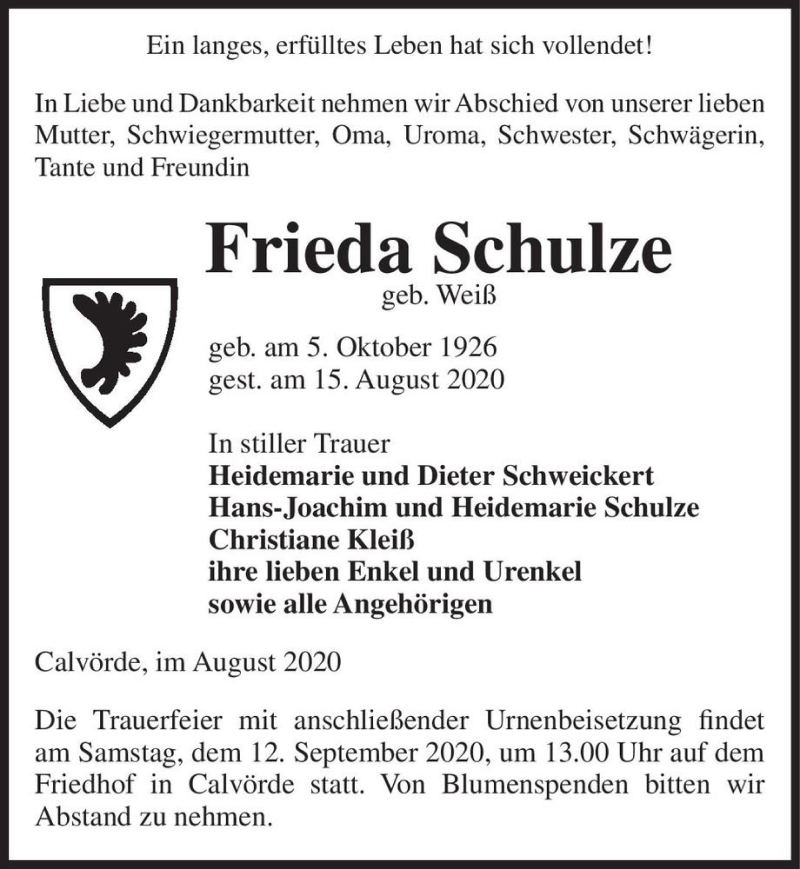  Traueranzeige für Frieda Schulze (geb. Weiß)  vom 19.08.2020 aus Magdeburger Volksstimme