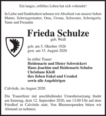 Traueranzeige von Frieda Schulze (geb. Weiß)  von Magdeburger Volksstimme