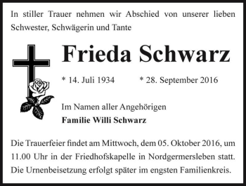 Traueranzeige von Frieda Schwarz  von Magdeburger Volksstimme