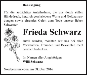 Traueranzeige von Frieda Schwarz  von Magdeburger Volksstimme