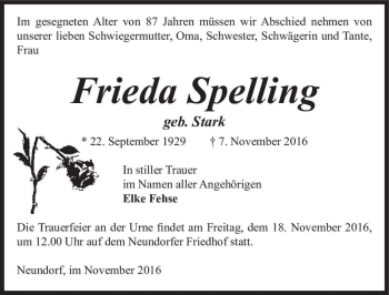 Traueranzeige von Frieda Spelling (geb. Stark)  von Magdeburger Volksstimme