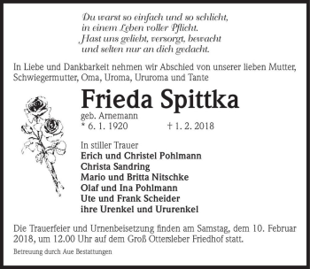 Traueranzeige von Frieda Spittka (geb. Arnemann)  von Magdeburger Volksstimme
