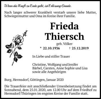 Traueranzeige von Frieda Thiersch (geb. Völker)  von Magdeburger Volksstimme