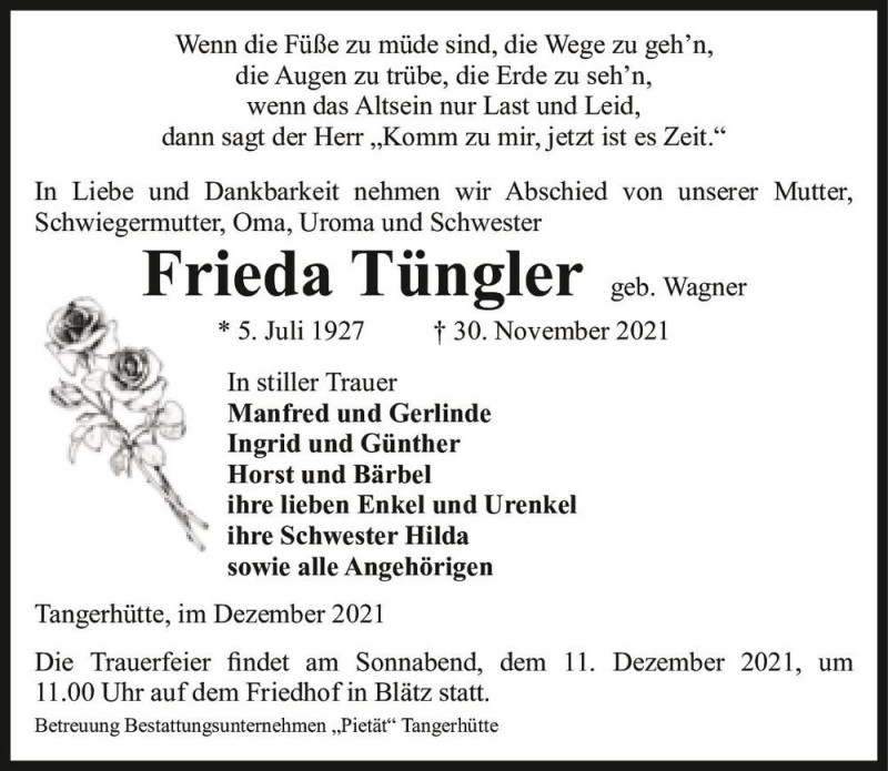  Traueranzeige für Frieda Thüngler (geb. Wagner)  vom 04.12.2021 aus Magdeburger Volksstimme