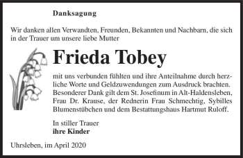 Traueranzeige von Frieda Tobey  von Magdeburger Volksstimme