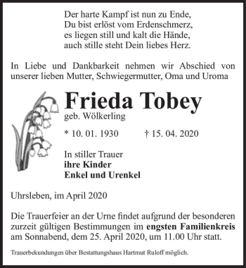 Traueranzeige von Frieda Tobey (geb. Wölkerling)  von Magdeburger Volksstimme