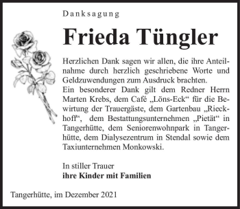 Traueranzeige von Frieda Tüngler  von Magdeburger Volksstimme