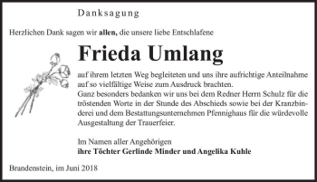 Traueranzeige von Frieda Umlang  von Magdeburger Volksstimme