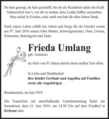 Traueranzeige von Frieda Umlang (geb. Gottstein)  von Magdeburger Volksstimme
