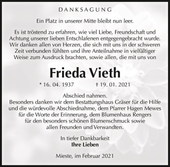 Traueranzeige von Frieda Vieth  von Magdeburger Volksstimme
