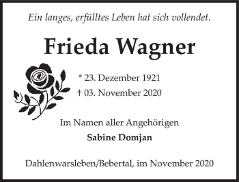 Traueranzeige von Frieda Wagner  von Magdeburger Volksstimme