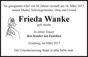 Traueranzeige von Frieda Wanke (geb. Stolte)  von Magdeburger Volksstimme