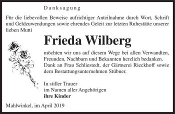 Traueranzeige von Frieda Wilberg  von Magdeburger Volksstimme