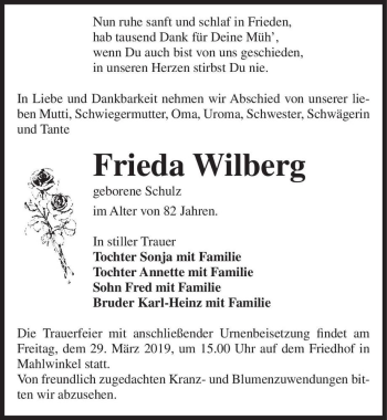 Traueranzeige von Frieda Wilberg (geb. Schulz)  von Magdeburger Volksstimme