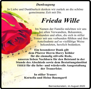 Traueranzeige von Frieda Wille  von Magdeburger Volksstimme
