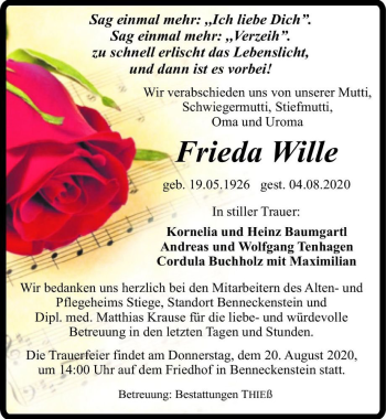 Traueranzeige von Frieda Wille  von Magdeburger Volksstimme