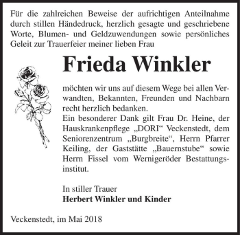 Traueranzeige von Frieda Winkler  von Magdeburger Volksstimme