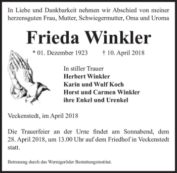 Traueranzeige von Frieda Winkler  von Magdeburger Volksstimme