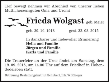 Traueranzeige von Frieda Wolgas (geb. Meier)  von Magdeburger Volksstimme